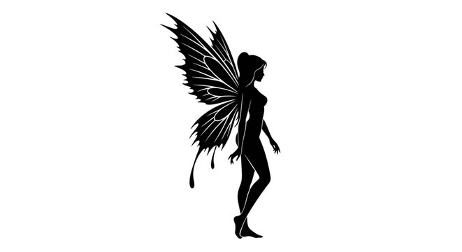 Black silhouette of a graceful fairy with intricate butterfly wings on white background