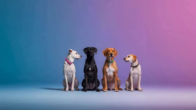 グラデーション背景のスタジオで五匹の犬が正面を向き整列する