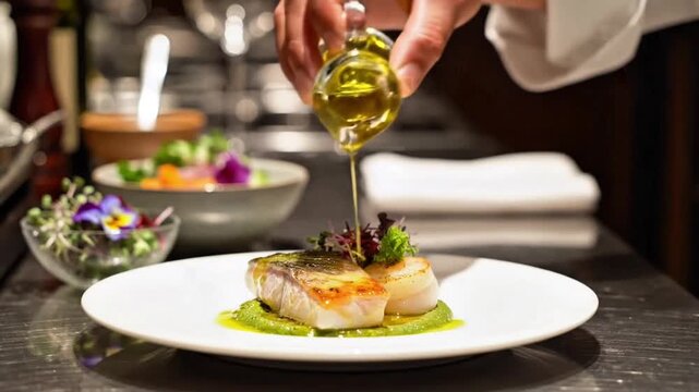 Chef meticulously drizzles olive oil over a gourmet fish dish with green puree and delicate garnish in a fine dining kitchen.