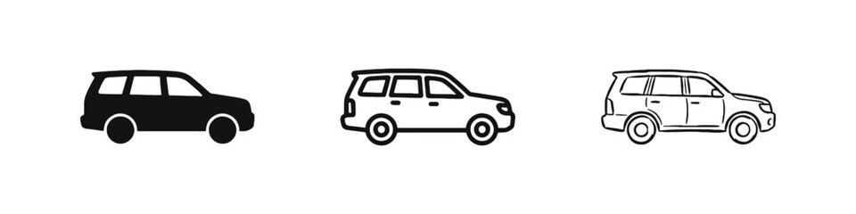 Fototapeta premium SUV and Off-Road Car Icon Set in Silhouette Outline and Hand-Drawn Styles