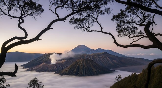 Framed by silhouetted trees, Mount Bromo volcano erupts with smoke over a sea of clouds at dawn in Indonesia. Majestic landscape concept
