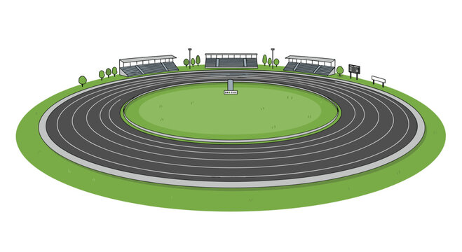 A meticulously detailed empty athletic stadium features a multi-lane oval running track encircling a lush green grass field under a clean white open sky.