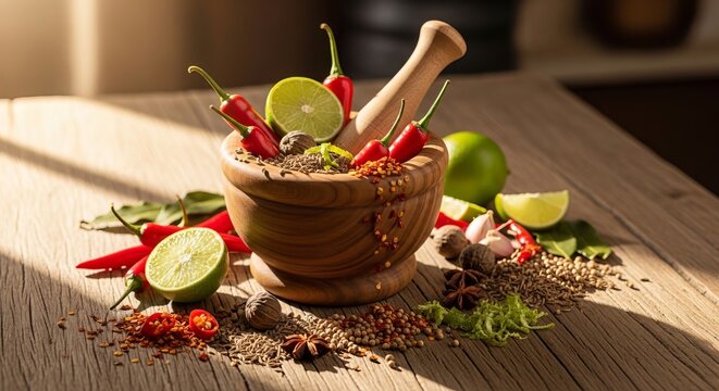Mortar and pestle with various spices and herbs including chili peppers lime wedges cumin seeds and garlic on rustic wooden background in soft natural sunlight.
