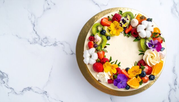 白い大理石テーブルを上から見た華やかなフラットレイ構図。
フルーツがたっぷり乗ったケーキが中心に配置されている。
自然光の柔らかな影と反射がみずみずしさと美しさを引き立てる。
誕生日、パーティー、カフェ、広告に適した背景素材。