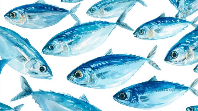 Cute illustration of a school of mackerel swimming together on a white background, colorful playful fish, charming aquatic design, cartoon style, seamless group pattern, whimsical ocean concept