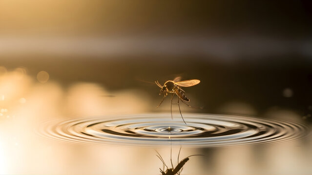 Silhouette of a Mosquito Standing on Water at Sunset