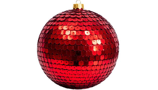 Christmas bauble covered in shimmering red sequins reflects light to create a festive holiday display.