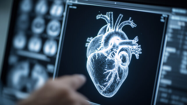 Doctor pointing at a digital heart scan displayed on a medical screen, showcasing modern cardiology imaging technology
