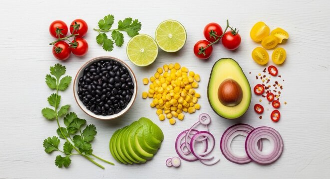 Fresh mexican food ingredients arranged on white wood surface with tomatoes black beans corn avocado lime red onion cilantro and red pepper flakes preparation.