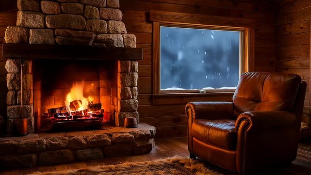 Cozy living room interior with a burning fireplace and a window showing snowy winter forest