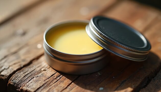 Open metal tin with yellow beard balm on rustic wood. Men grooming product for beard care and styling. Natural product for masculine hygiene and beauty routine. Modern and minimal design.