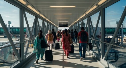 Fototapeta premium people walking in the airport, “A realistic photo of passengers walking through a modern airport jet bridge, glass walls on both sides, bright daylight streaming in, strong shadows on the floor, peopl