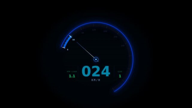 A digital speedometer displays in blue and green against a dark background
