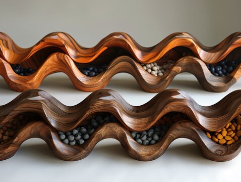 A beautifully crafted wooden wavy bowl set with various colorful stones