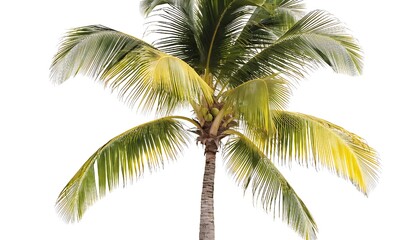 Obraz premium Coconut palm tree with tall trunk and green fronds isolated on clean white background tropical nature concept.