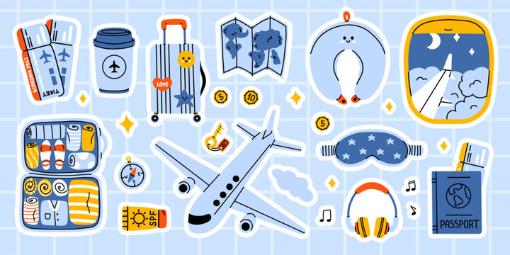 Vector cute blue travel sticker pack with airplane, suitcase, open luggage, passport, ticket, map, compass, sunscreen, cloud, airplane window. Vacation journey element set in flat doodle design.