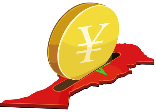 Yen or Yuan coin entering a Moroccan map shaped like a piggy bank representing Asian investment, financial cooperation and economic growth in North Africa. (cut out)