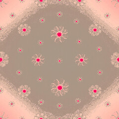 Fototapeta premium Vintage Pink and Clay Floral Pattern with Symmetrical Daisy Motifs and Grainy Gradient Texture, Illustration