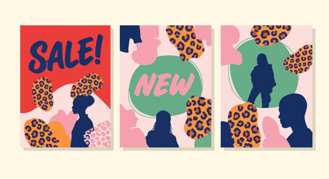 Set of modern fashion sale banners with abstract silhouettes and leopard print patterns