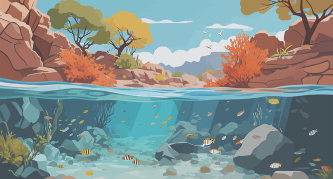 Underwater River Landscape with Fish and Trees