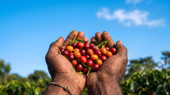 Dark-Skinned Farmer's Cupped Hands Holding Fresh Red and Orange Coffee Cherries Against Blue Sky on Coffee Plantation