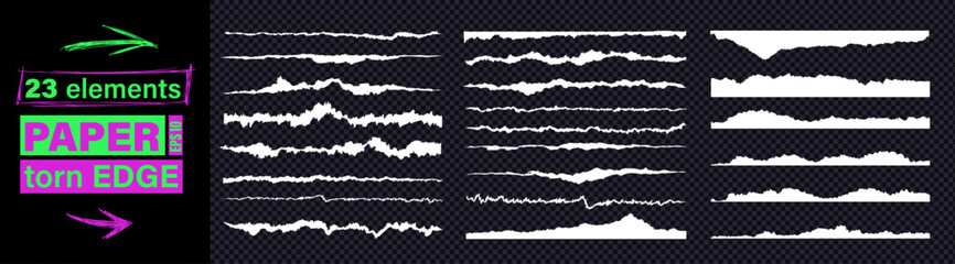Jagged torn paper rip edge effect on white recycled texture sheet. Vector collection of page piece blank card tag label banner divider element claw cut line. Cardboard tear edge clipart kit bundle.