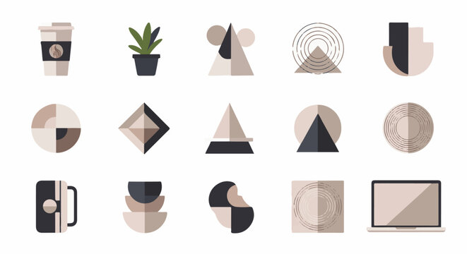 Geometric icons of a coffee cup, potted plant, abstract shapes, mug, stack of bowls, and laptop