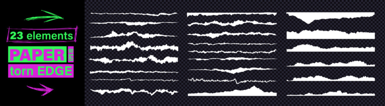 Jagged torn paper rip edge effect on white recycled texture sheet. Vector collection of page piece blank card tag label banner divider element claw cut line. Cardboard tear edge clipart kit bundle.