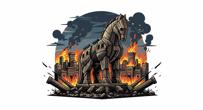 Giant wooden horse looms over a burning city, amidst dark clouds and debris