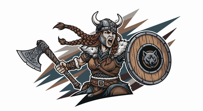 Fierce female warrior in horned helmet, holding axe and shield with wolf emblem