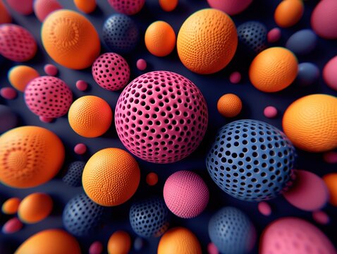 A colorful arrangement of textured balls in various sizes and patterns