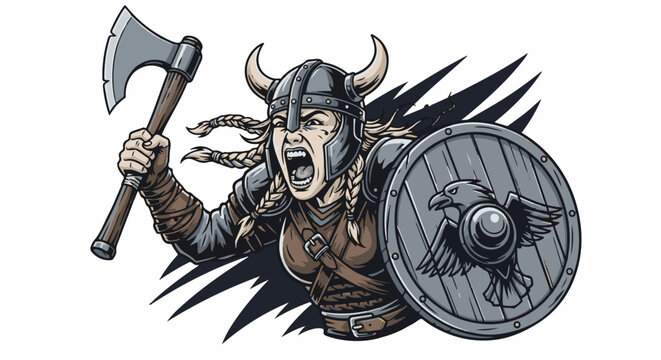 Fierce female warrior in horned helmet and armor, wielding axe and shield with raven emblem