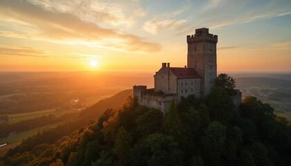 Naklejka premium Ancient stone castle on hilltop at golden sunset. Historic fortress with tower overlooks valley and fields. Scenic German landscape with warm sky.