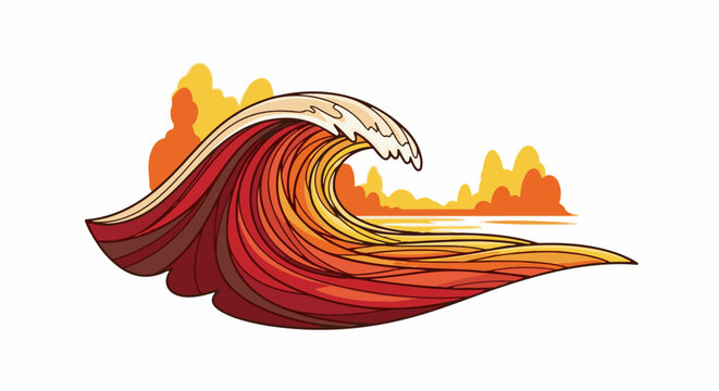 Fiery ocean wave cresting with warm-toned, stylized clouds and water