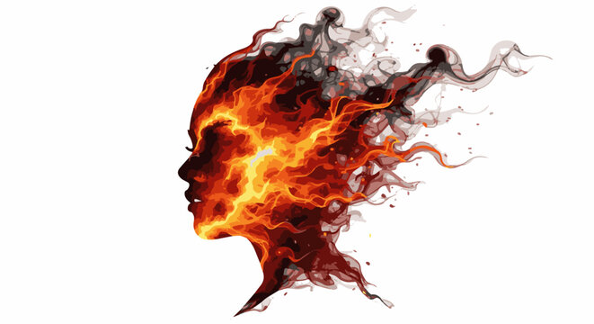 Fiery female profile dissolving into smoke and embers