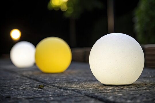 Close-up of blurred yellow and white spheres on dark surface