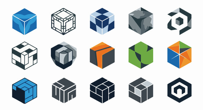 Fifteen abstract cube icons in various colors and geometric designs