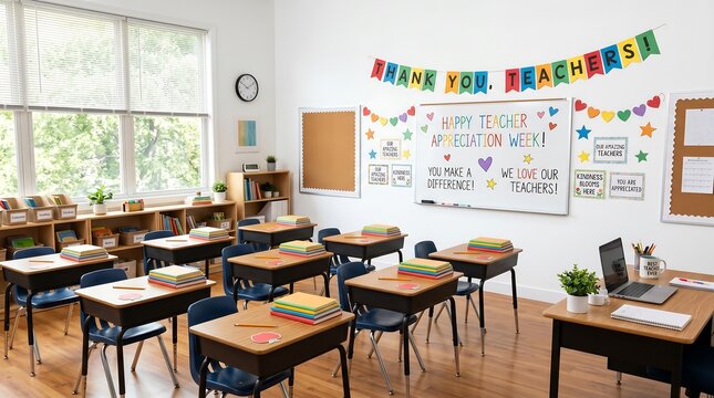 Empty Classroom with Desks and Bulletin Board