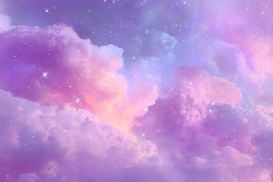 sternenhimmel galaxie mit pastellwolken in rosa und lila, kosmischer hintergrund mit sternen, universum, nebel, fantasy himmel, magischer nachthimmel, dreamy space art, astronomie