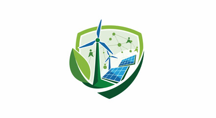 Obraz premium Emblem of renewable energy with wind turbines, solar panels, leaves, and a network of people
