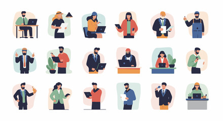 Fototapeta premium Diverse professionals in stylized flat illustrations, engaged in various work activities