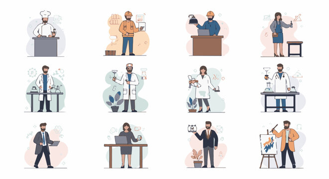Diverse professionals, including scientists, a chef, and an artist, depicted in colorful, minimalist illustrations