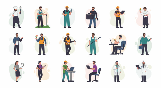 Diverse professionals in stylized illustrations, featuring various roles and tools
