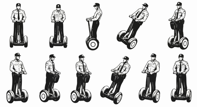 Dynamic illustrations of uniformed personnel navigating on futuristic two-wheeled personal transporters