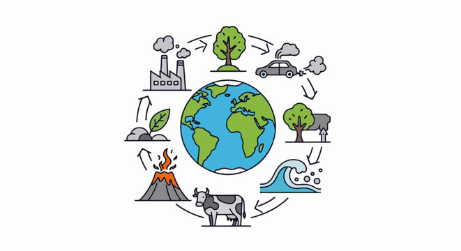 Earth's interconnected natural cycles depicted with icons planet, volcano, plant, factory, car, trees, cow, ocean