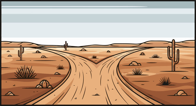 Forking desert road with cacti under a pale sky, vast arid landscape