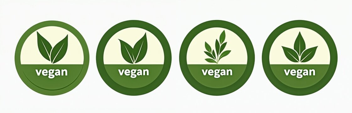 Set of four green circle logos show vegan certification. Each icon has text vegan and green leaf graphic. Labels confirm pure food products for healthy diet.