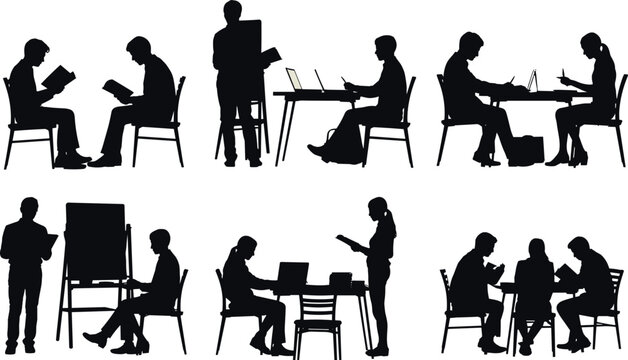 Silhouette people studying, reading, teaching, teamwork collaboration, group learning, education concept, professional training, classroom discussion, workplace knowledge sharing vector