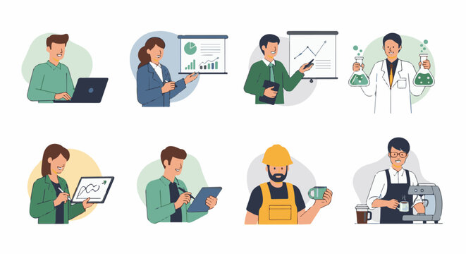 Eight diverse professionals in modern attire, showcasing various career paths through animated icons