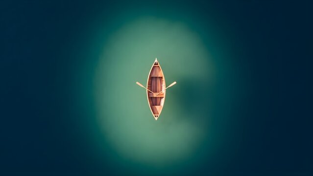 Wooden rowing boat floating on glowing teal water top down view